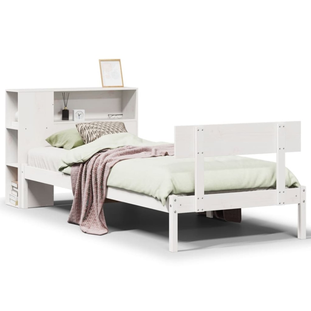 vidaXL Pat cu bibliotecă fără saltea, alb, 75x190 cm, lemn masiv pin