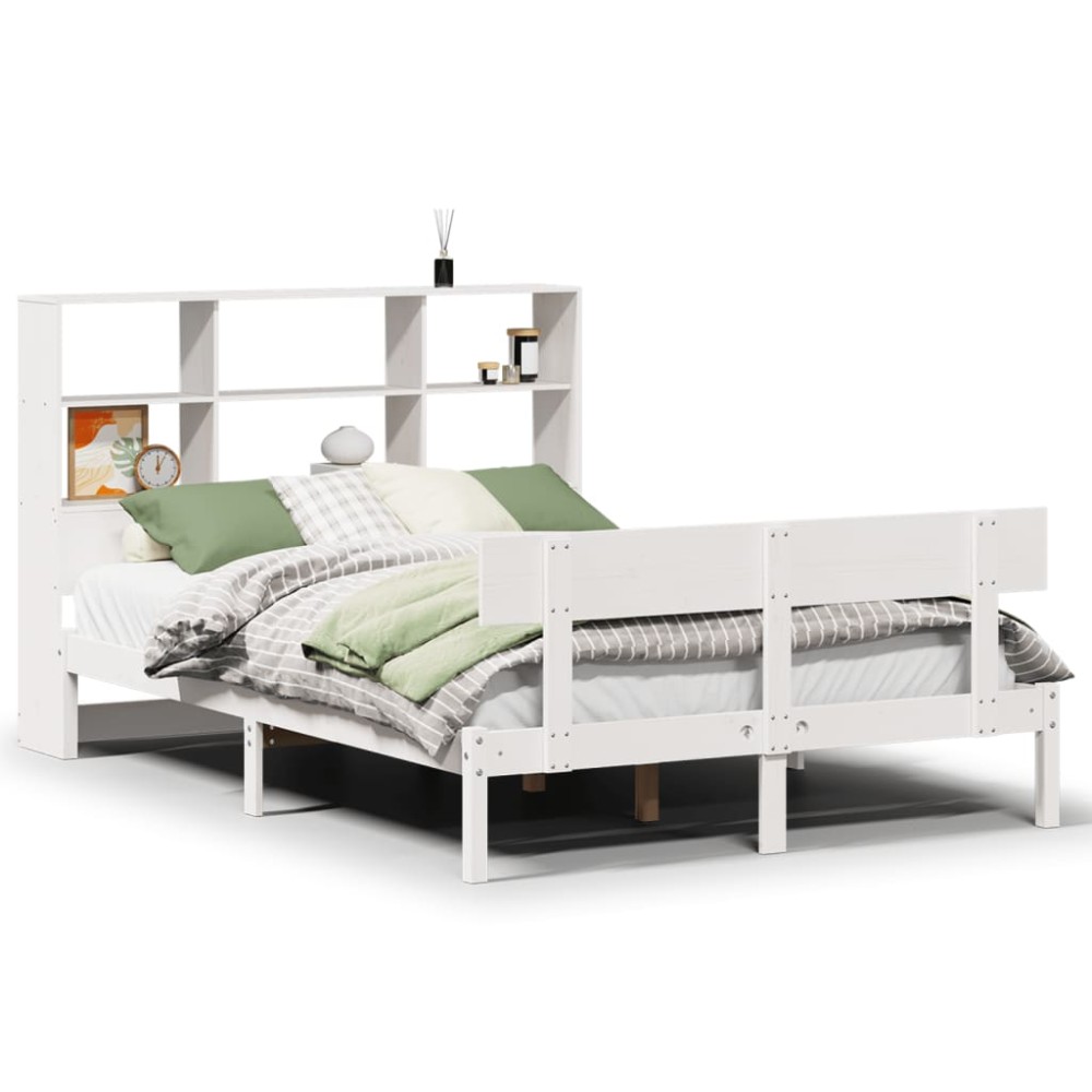 vidaXL Pat cu bibliotecă fără saltea, alb, 140x190 cm, lemn masiv pin
