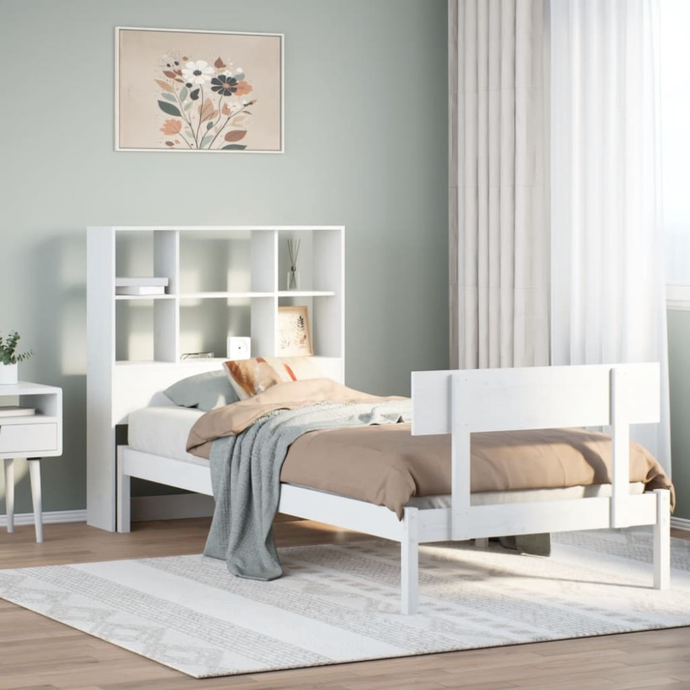 vidaXL Pat cu bibliotecă fără saltea, alb, 90x200 cm, lemn masiv pin