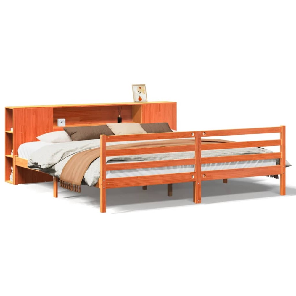 vidaXL Pat cu bibliotecă fără saltea maro 200x200 cm lemn masiv de pin