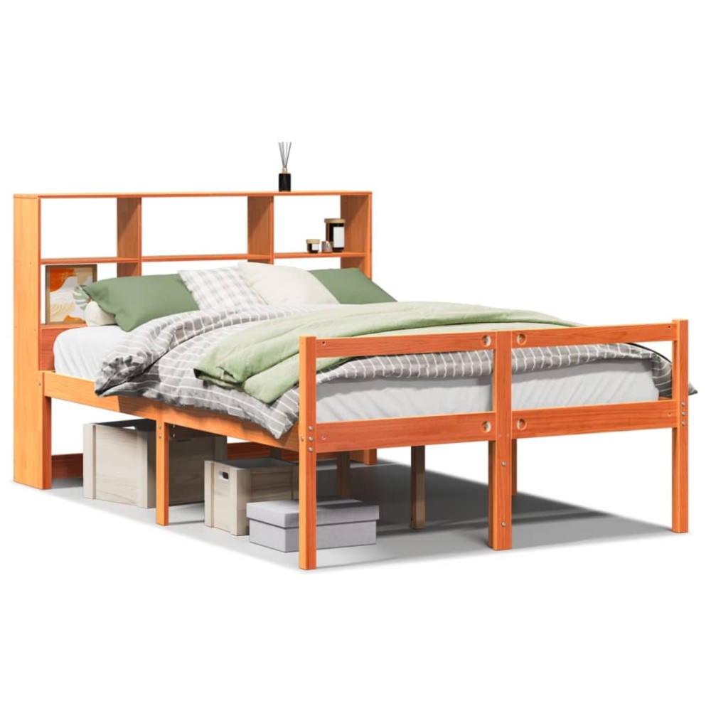 vidaXL Pat cu bibliotecă fără saltea maro ceruit 135x190 cm lemn masiv