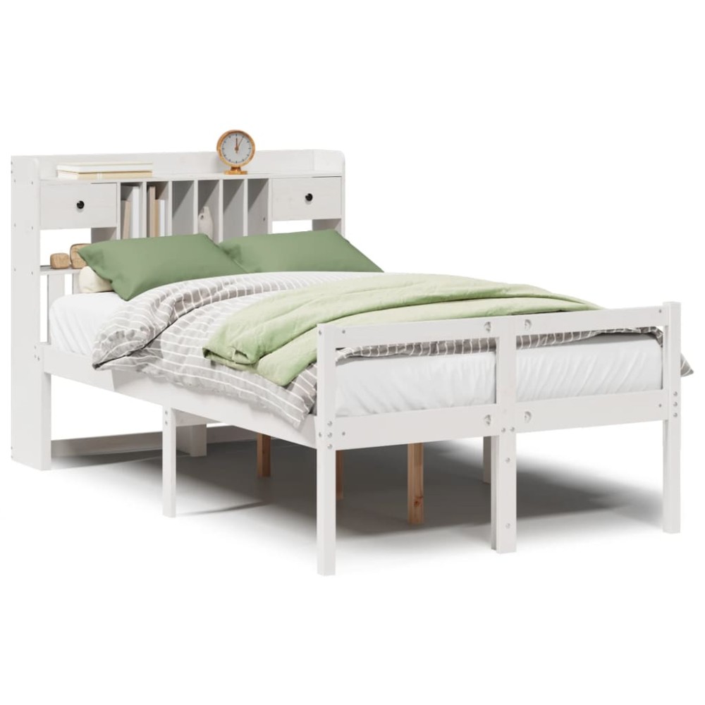 vidaXL Pat cu bibliotecă fără saltea, alb, 135x190 cm, lemn masiv pin