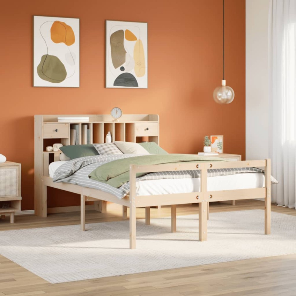 vidaXL Pat cu bibliotecă fără saltea, 140x190 cm, lemn masiv de pin