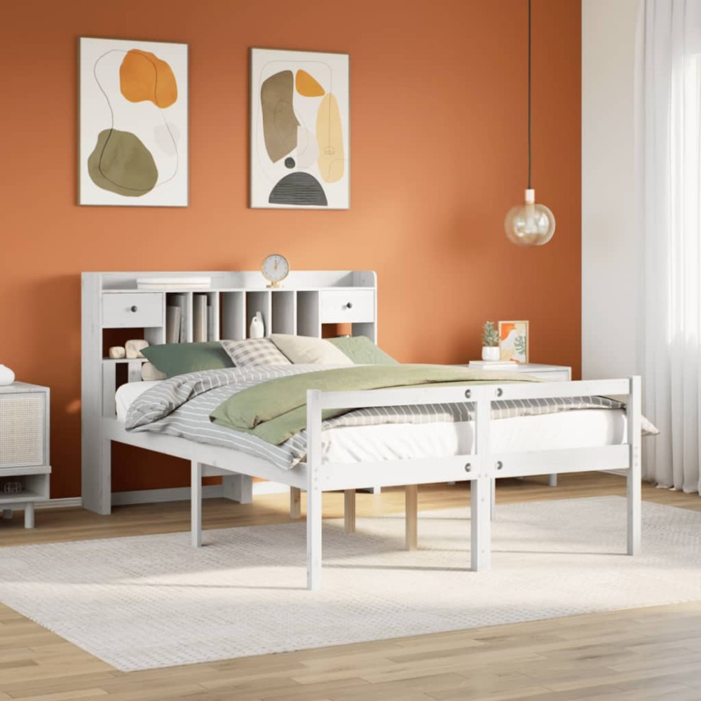 vidaXL Pat cu bibliotecă fără saltea, alb, 150x200 cm, lemn masiv pin