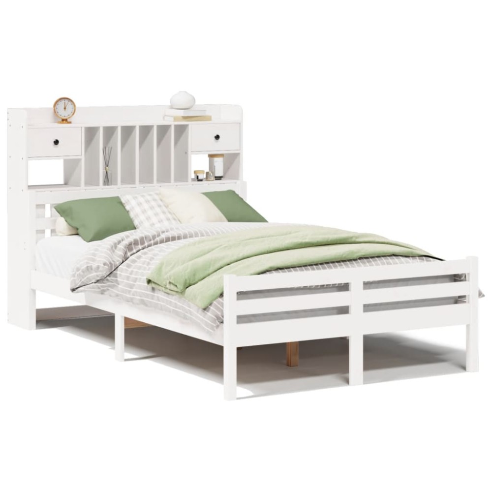 vidaXL Pat cu bibliotecă fără saltea, alb, 135x190 cm, lemn masiv pin
