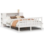 vidaXL Pat cu bibliotecă fără saltea, alb, 140x200 cm, lemn masiv pin vidaXL Pat cu bibliotecă fără saltea, alb, 140x200 cm, lemn masiv pin