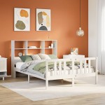 vidaXL Pat cu bibliotecă fără saltea, alb, 140x200 cm, lemn masiv pin vidaXL Pat cu bibliotecă fără saltea, alb, 140x200 cm, lemn masiv pin