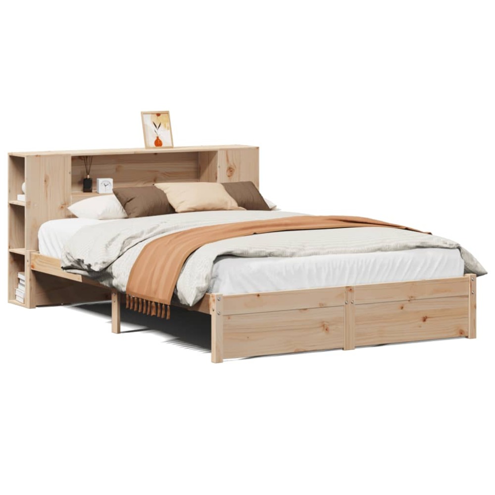 vidaXL Pat cu bibliotecă fără saltea, 135x190 cm, lemn masiv de pin