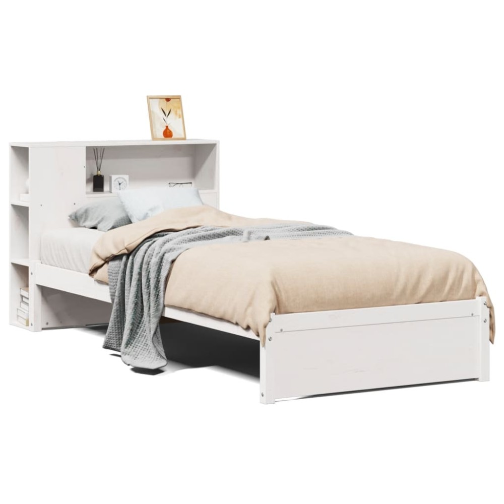vidaXL Pat cu bibliotecă fără saltea, alb, 75x190 cm, lemn masiv pin