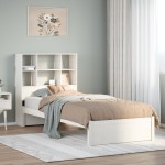 vidaXL Pat cu bibliotecă fără saltea, alb, 90x200 cm, lemn masiv pin vidaXL Pat cu bibliotecă fără saltea, alb, 90x200 cm, lemn masiv pin