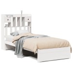 vidaXL Pat cu bibliotecă fără saltea, alb, 90x200 cm, lemn masiv pin vidaXL Pat cu bibliotecă fără saltea, alb, 90x200 cm, lemn masiv pin
