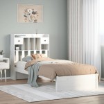 vidaXL Pat cu bibliotecă fără saltea, alb, 90x200 cm, lemn masiv pin vidaXL Pat cu bibliotecă fără saltea, alb, 90x200 cm, lemn masiv pin