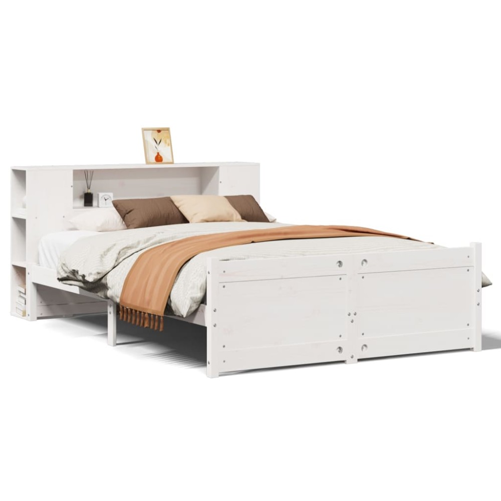 vidaXL Pat cu bibliotecă fără saltea, alb, 135x190 cm, lemn masiv pin