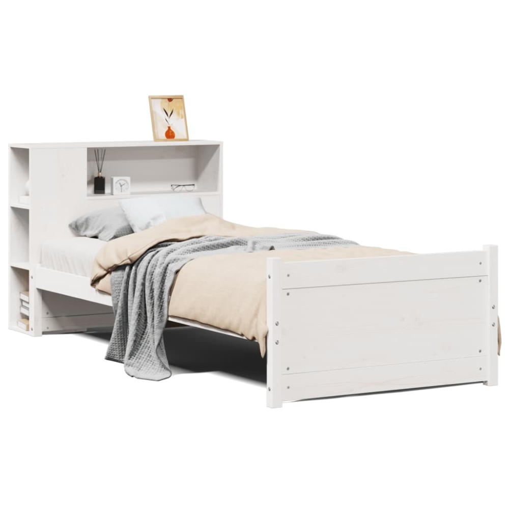 vidaXL Pat cu bibliotecă fără saltea, alb, 75x190 cm, lemn masiv pin
