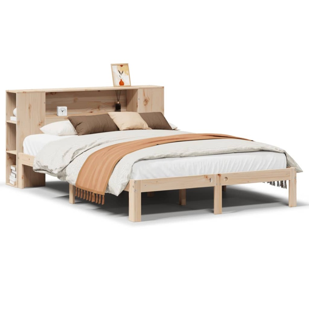 vidaXL Pat cu bibliotecă fără saltea, 135x190 cm, lemn masiv de pin