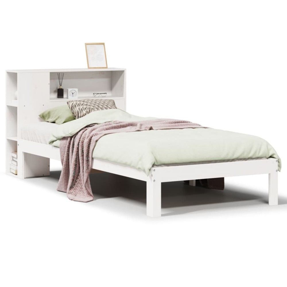 vidaXL Pat cu bibliotecă fără saltea, alb, 75x190 cm, lemn masiv pin