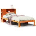 vidaXL Pat cu bibliotecă fără saltea, maro, 100x200 cm, lemn masiv pin vidaXL Pat cu bibliotecă fără saltea, maro, 100x200 cm, lemn masiv pin