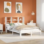 vidaXL Pat cu bibliotecă fără saltea, alb, 140x200 cm, lemn masiv pin vidaXL Pat cu bibliotecă fără saltea, alb, 140x200 cm, lemn masiv pin