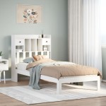 vidaXL Pat cu bibliotecă fără saltea, alb, 90x200 cm, lemn masiv pin vidaXL Pat cu bibliotecă fără saltea, alb, 90x200 cm, lemn masiv pin