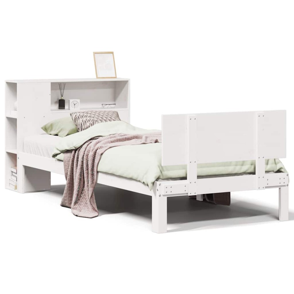 vidaXL Pat cu bibliotecă fără saltea, alb, 75x190 cm, lemn masiv pin
