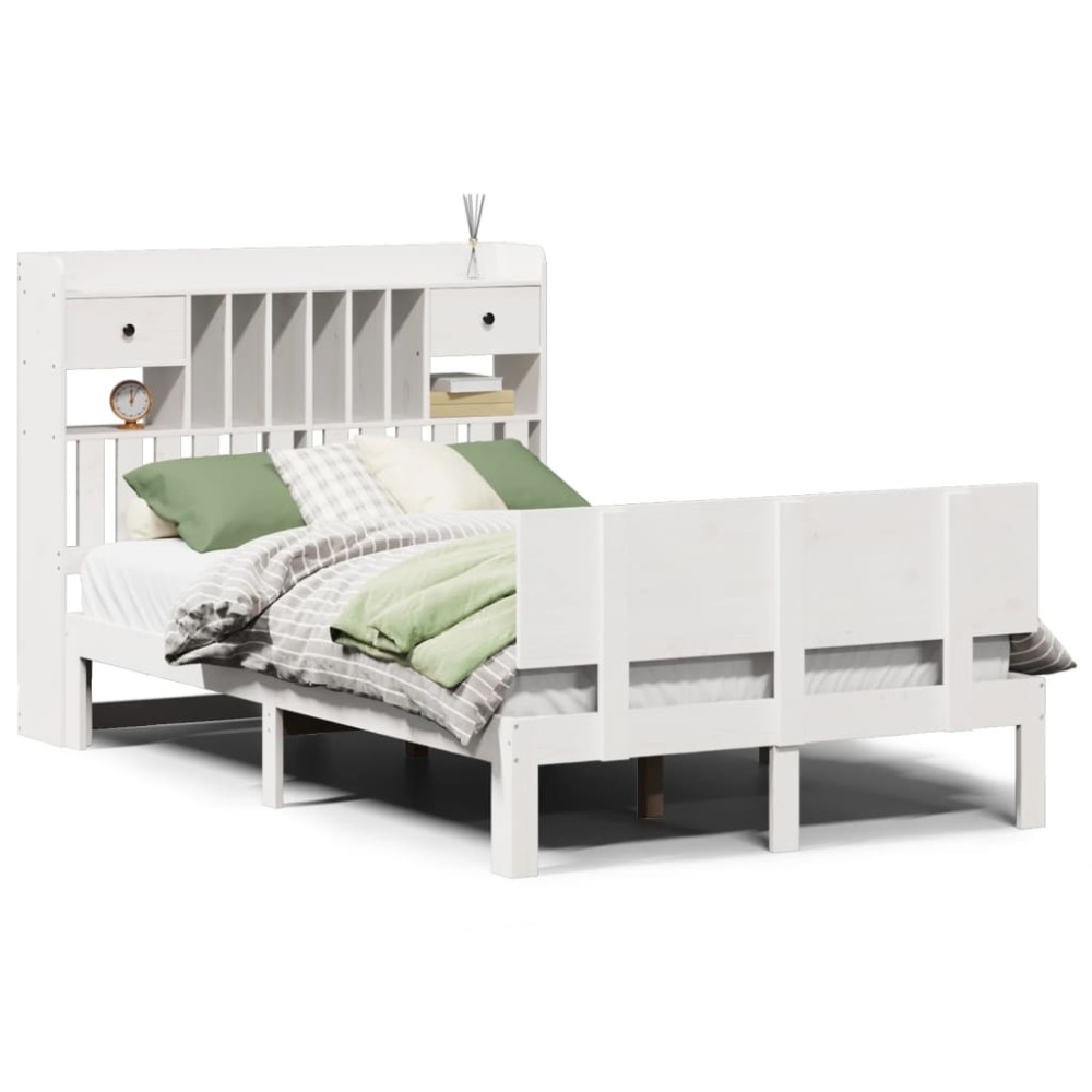 vidaXL Pat cu bibliotecă fără saltea, alb, 135x190 cm, lemn masiv pin