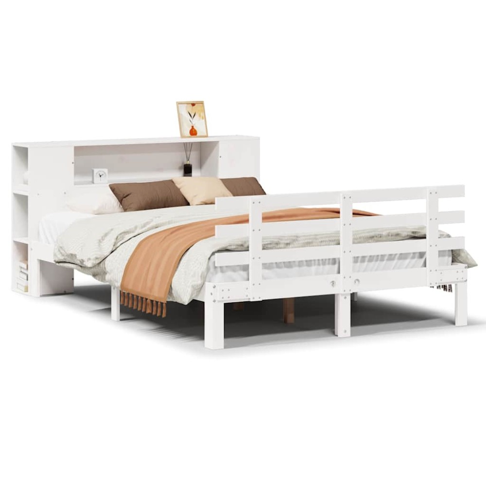 vidaXL Pat cu bibliotecă fără saltea, alb, 135x190 cm, lemn masiv pin