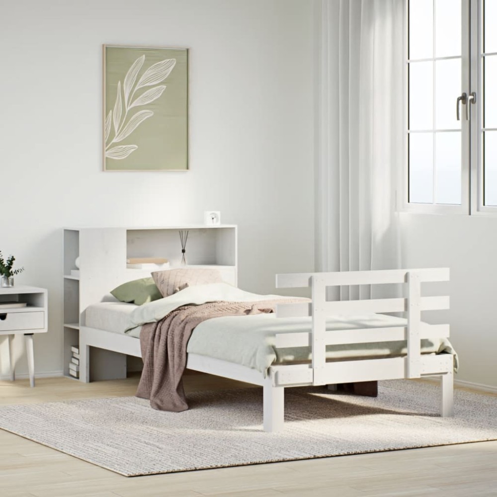 vidaXL Pat cu bibliotecă fără saltea, alb, 75x190 cm, lemn masiv pin