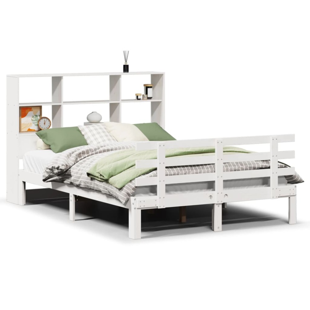 vidaXL Pat cu bibliotecă fără saltea, alb, 140x190 cm, lemn masiv pin