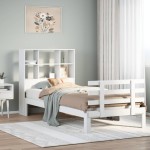 vidaXL Pat cu bibliotecă fără saltea, alb, 90x200 cm, lemn masiv pin vidaXL Pat cu bibliotecă fără saltea, alb, 90x200 cm, lemn masiv pin
