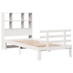 vidaXL Pat cu bibliotecă fără saltea, alb, 90x200 cm, lemn masiv pin vidaXL Pat cu bibliotecă fără saltea, alb, 90x200 cm, lemn masiv pin