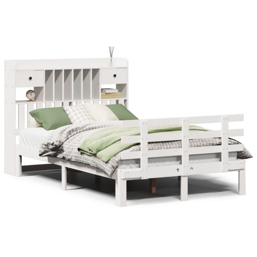 vidaXL Pat cu bibliotecă fără saltea, alb, 135x190 cm, lemn masiv pin