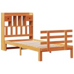 vidaXL Pat cu bibliotecă fără saltea, maro, 100x200 cm, lemn masiv pin vidaXL Pat cu bibliotecă fără saltea, maro, 100x200 cm, lemn masiv pin