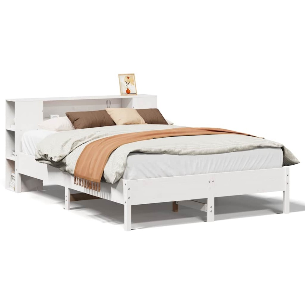 vidaXL Pat cu bibliotecă fără saltea, alb, 135x190 cm, lemn masiv pin
