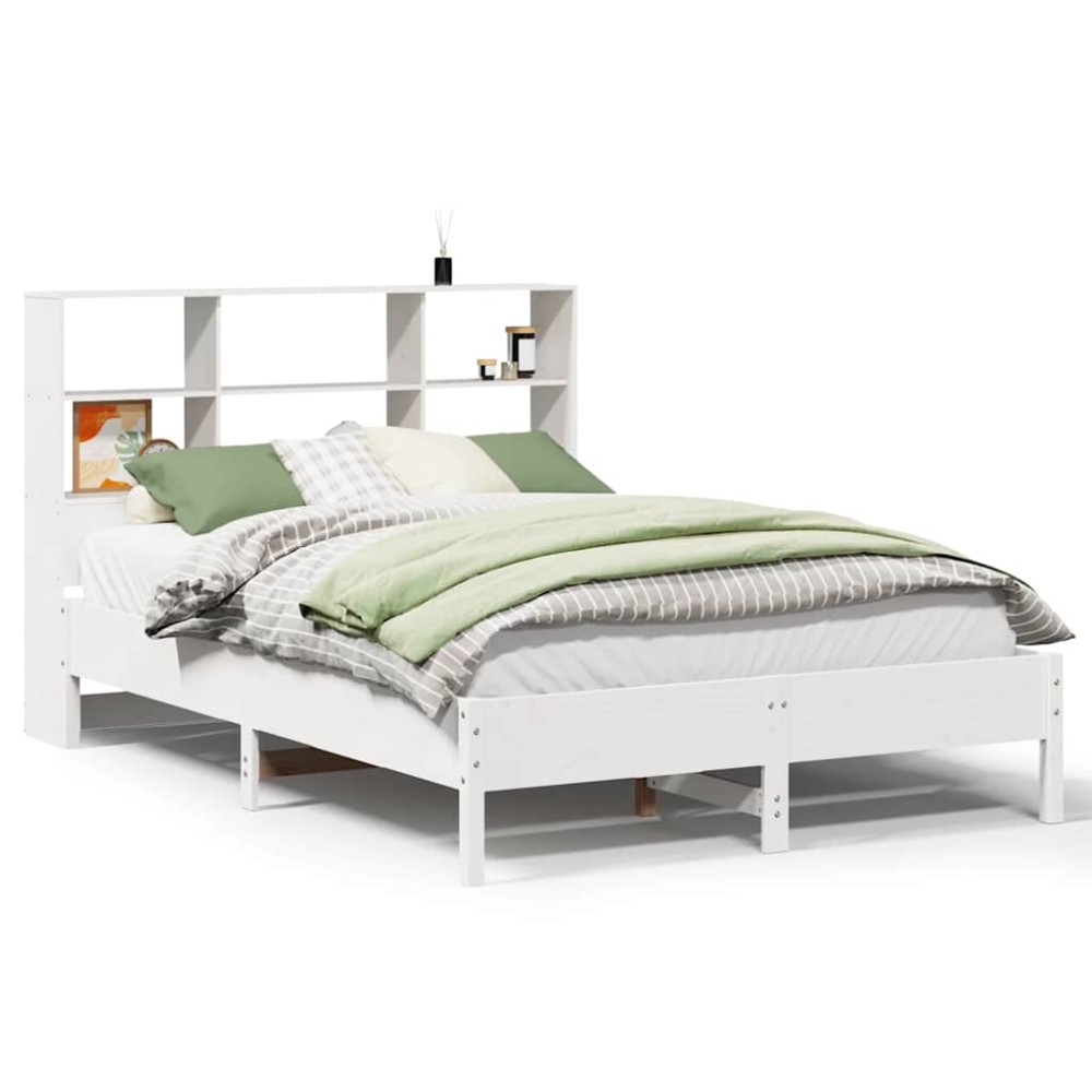 vidaXL Pat cu bibliotecă fără saltea, alb, 140x190 cm, lemn masiv pin