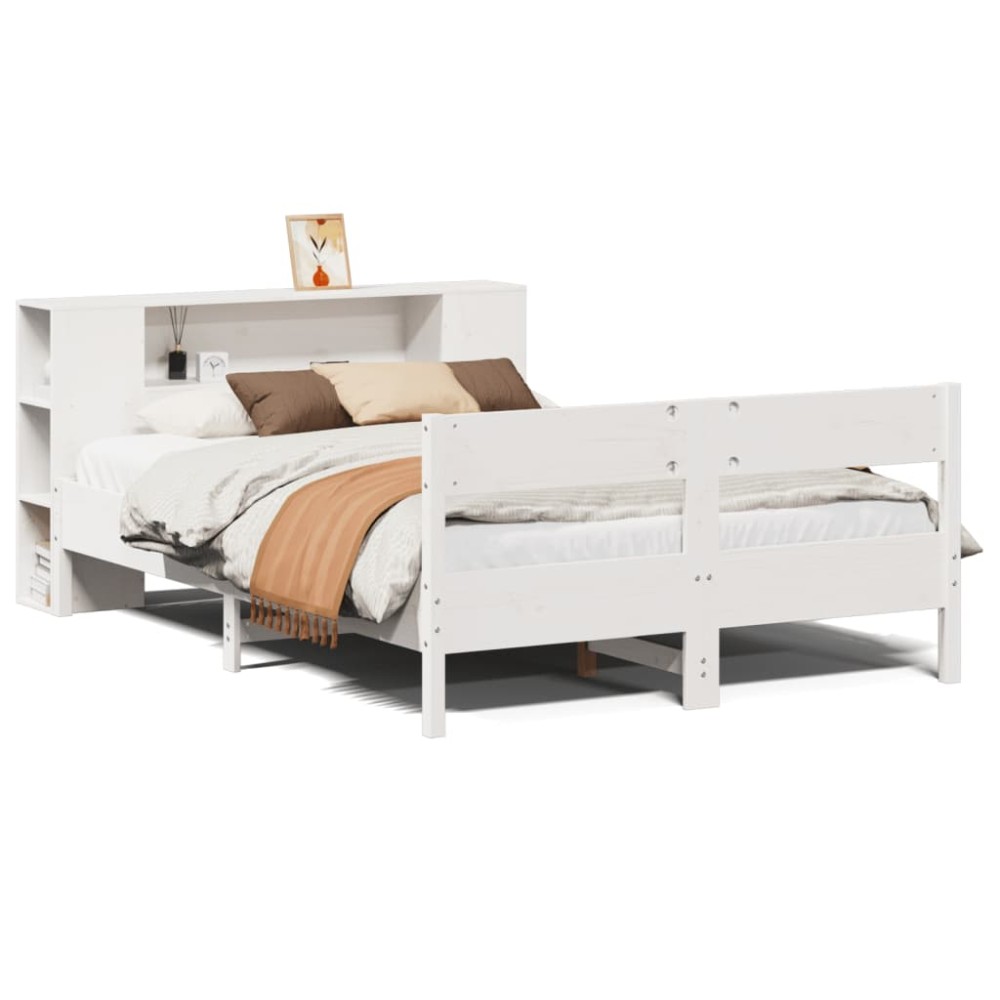 vidaXL Pat cu bibliotecă fără saltea, alb, 140x190 cm, lemn masiv pin
