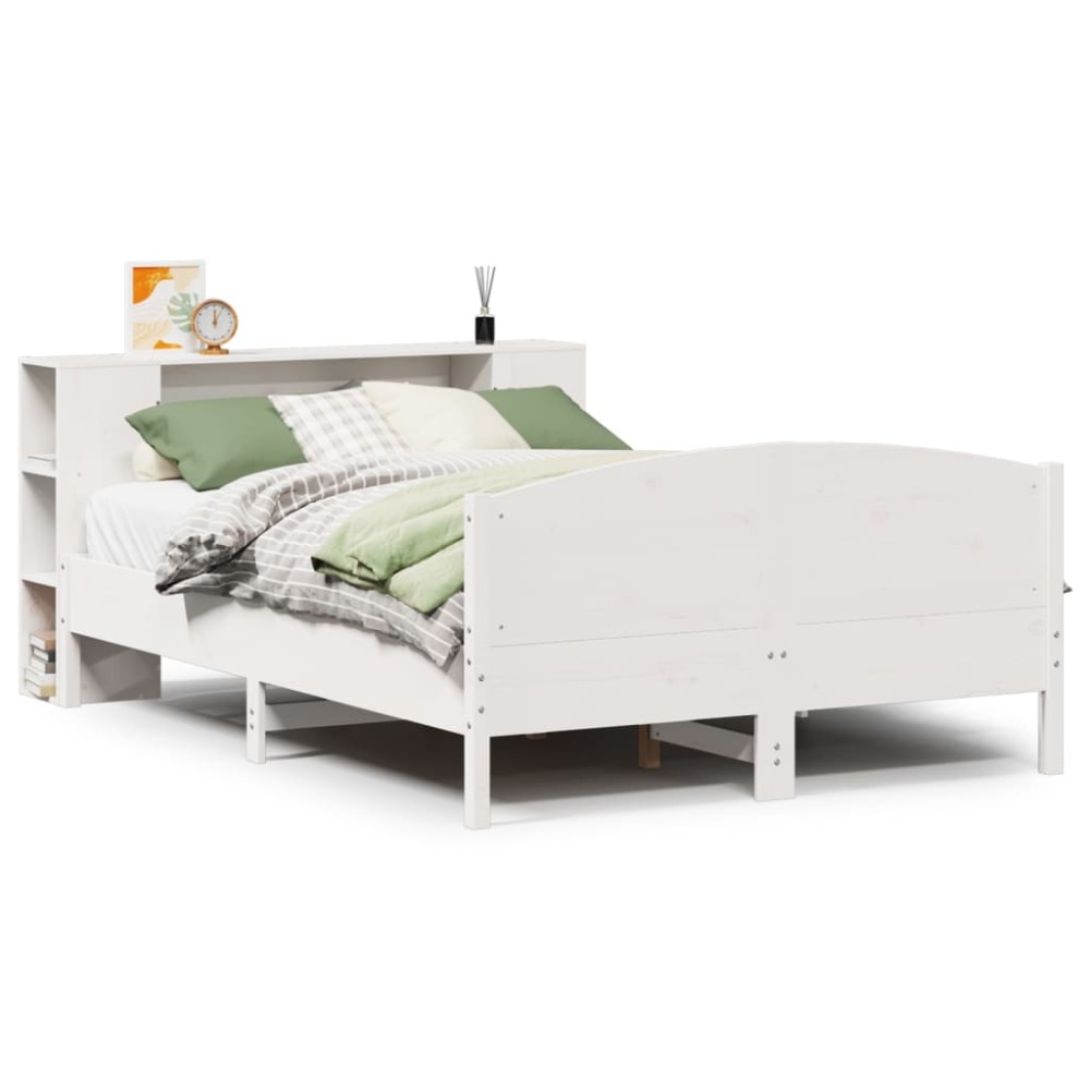 vidaXL Pat cu bibliotecă fără saltea, alb, 150x200 cm, lemn masiv pin