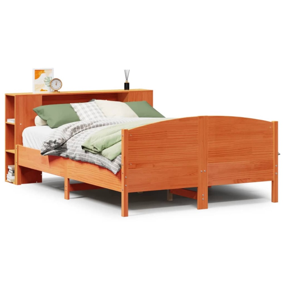 vidaXL Pat cu bibliotecă fără saltea, maro, 120x190 cm, lemn masiv pin