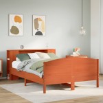 vidaXL Pat cu bibliotecă fără saltea, maro, 120x190 cm, lemn masiv pin vidaXL Pat cu bibliotecă fără saltea, maro, 120x190 cm, lemn masiv pin
