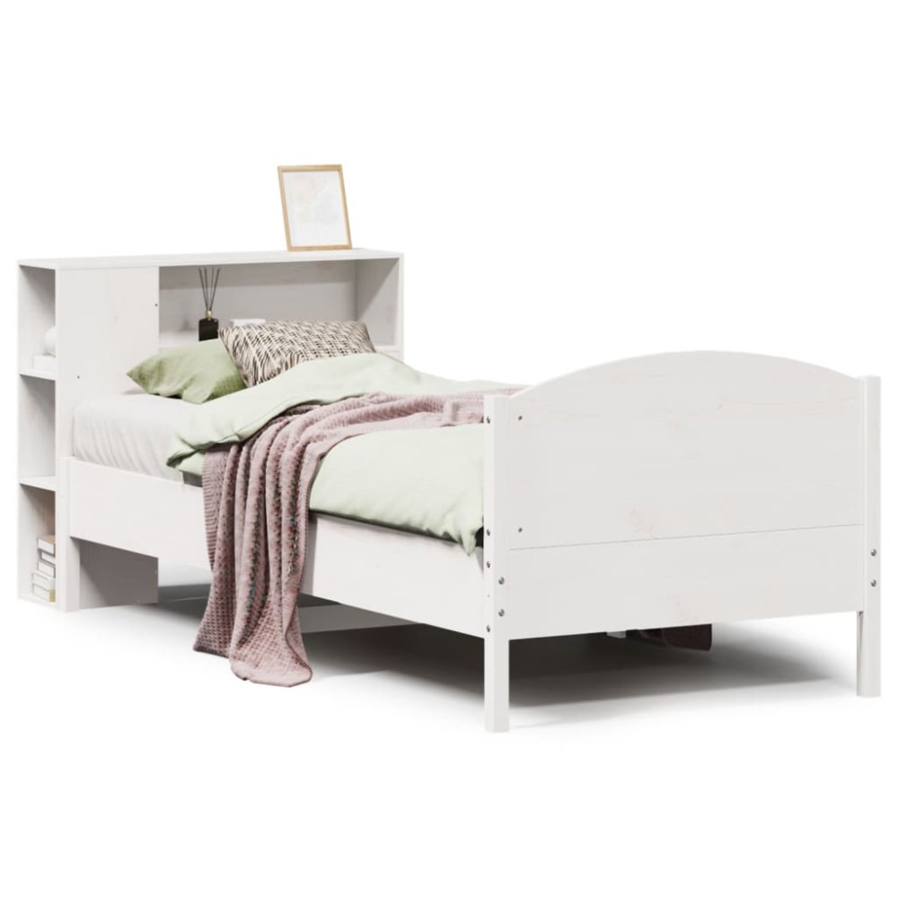 vidaXL Pat cu bibliotecă fără saltea, alb, 75x190 cm, lemn masiv pin