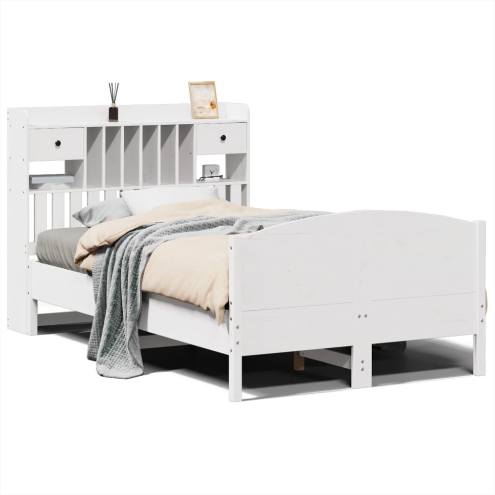 vidaXL Pat cu bibliotecă fără saltea, alb, 135x190 cm, lemn masiv pin