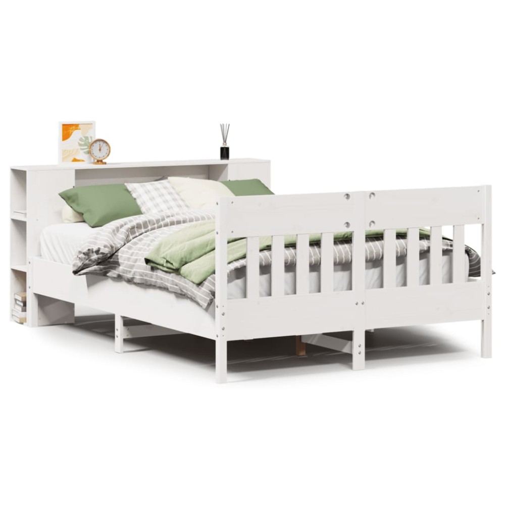 vidaXL Pat cu bibliotecă fără saltea, alb, 140x190 cm, lemn masiv pin