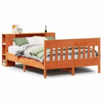 vidaXL Pat cu bibliotecă fără saltea, maro, 120x190 cm, lemn masiv pin vidaXL Pat cu bibliotecă fără saltea, maro, 120x190 cm, lemn masiv pin
