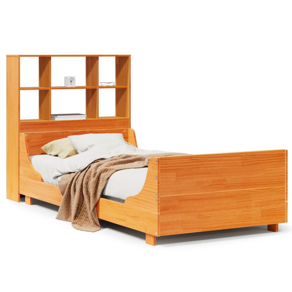 vidaXL Pat cu bibliotecă fără saltea maro ceruit 75x190 cm lemn masiv