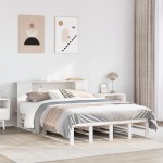 vidaXL Pat cu bibliotecă fără saltea, alb, 140x200 cm, lemn masiv vidaXL Pat cu bibliotecă fără saltea, alb, 140x200 cm, lemn masiv