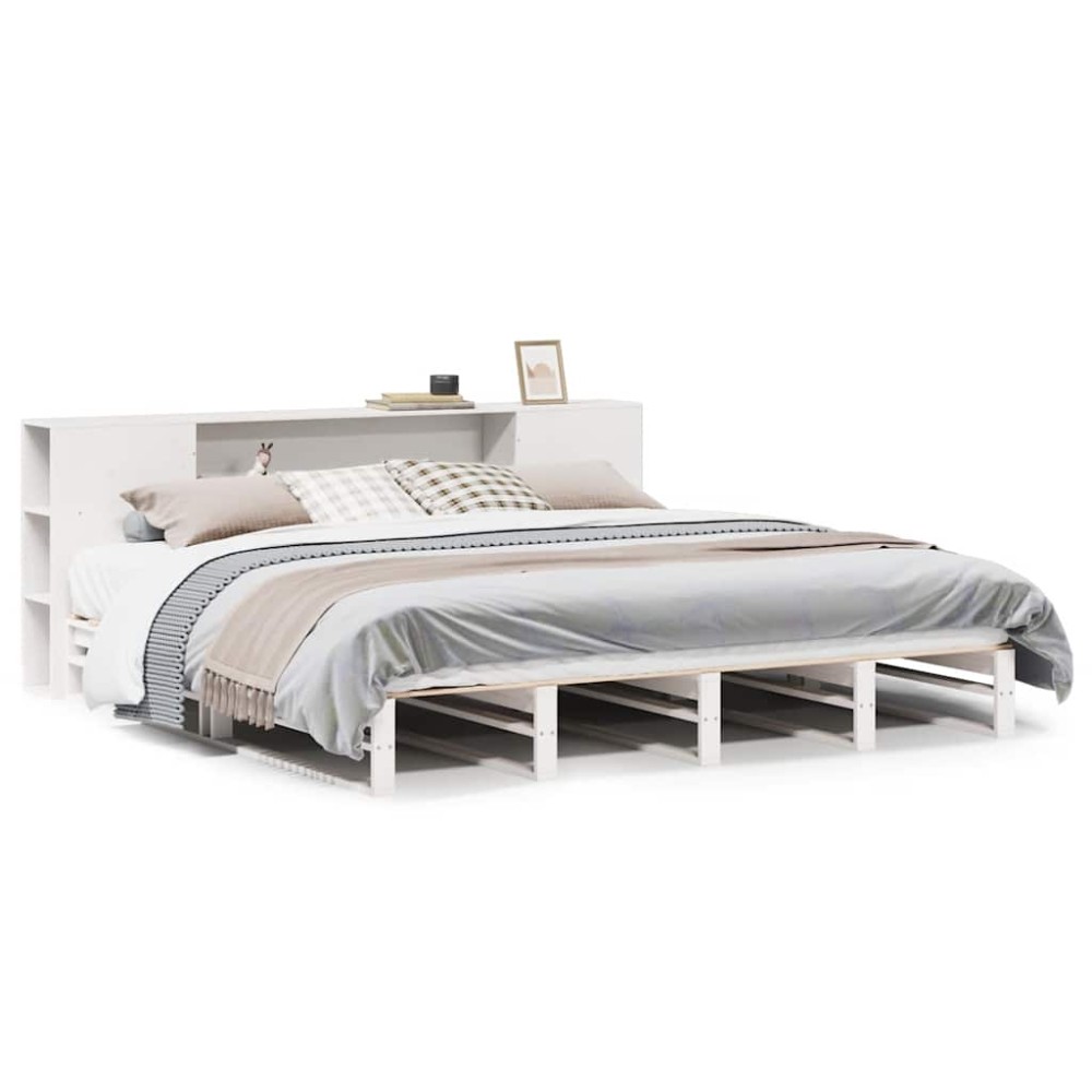 vidaXL Pat cu bibliotecă fără saltea, alb, 200x200 cm, lemn masiv