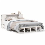 vidaXL Pat cu bibliotecă fără saltea, alb, 135x190 cm, lemn masiv vidaXL Pat cu bibliotecă fără saltea, alb, 135x190 cm, lemn masiv