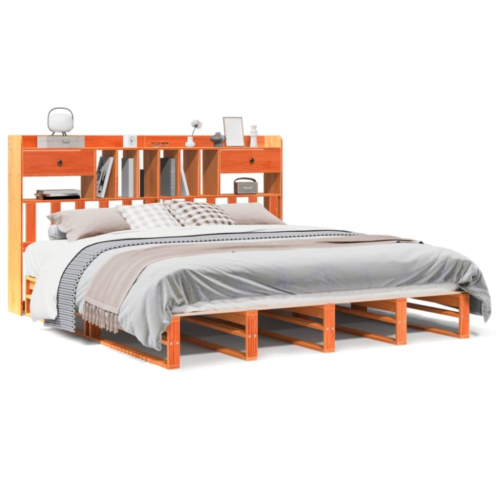 vidaXL Pat cu bibliotecă fără saltea maro 180x200 cm lemn masiv de pin