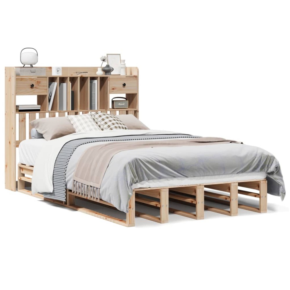 vidaXL Pat cu bibliotecă fără saltea, 135x190 cm, lemn masiv de pin
