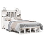 vidaXL Pat cu bibliotecă fără saltea, alb, 135x190 cm, lemn masiv pin vidaXL Pat cu bibliotecă fără saltea, alb, 135x190 cm, lemn masiv pin