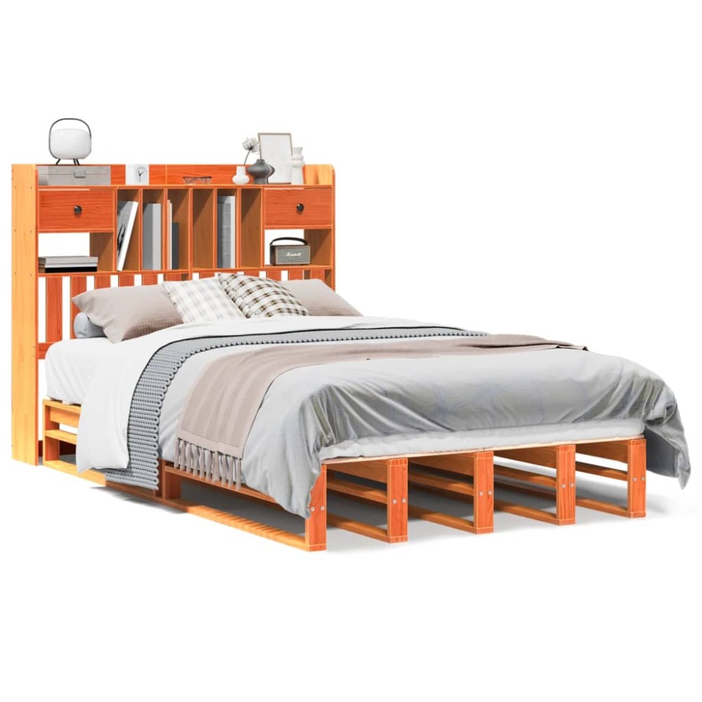 vidaXL Pat cu bibliotecă fără saltea maro 135x190 cm lemn masiv de pin